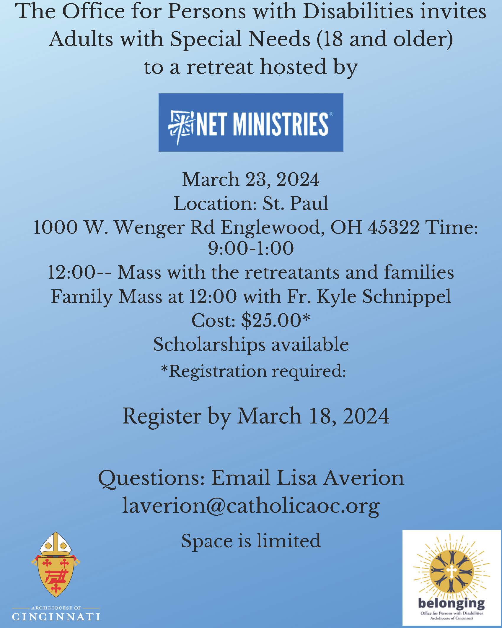 St. Paul eagerly extends a warm welcome to The Office for Persons with Disabilities. We are thrilled to announce that we will be hosting the Adults for Special Needs (aged 18 and above) retreat, facilitated by Net Ministries, on Saturday, March 23, 2024. To register and discover more about this event, please follow the link: https://resources.catholicaoc.org/.../net-retreat-adults...